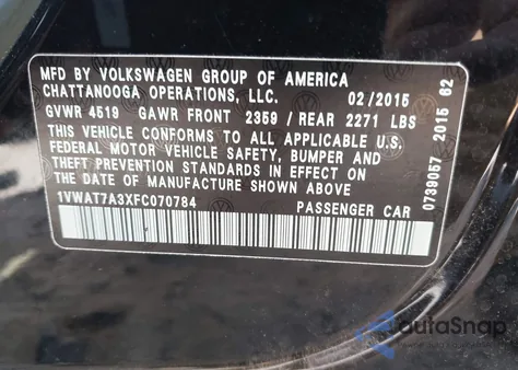 2015 Volkswagen Passat 1.8T Limited Edition z USA, uszkodzony, nr VIN 1VWAT7A3XFC070784